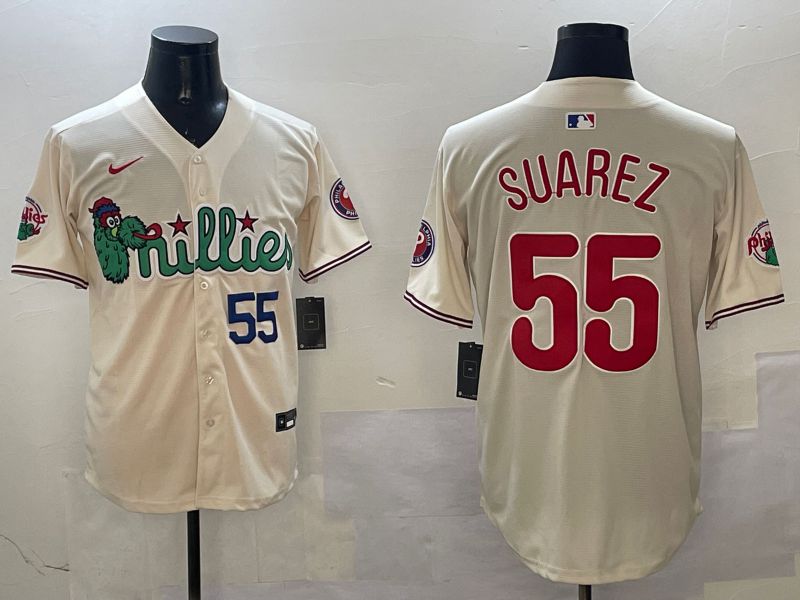 Men Philadelphia Phillies #55 Suarez Cream Three generations Joint Name Game 2025 Nike MLB Jersey style 2